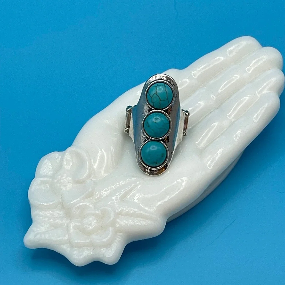 Three Stone Turquoise Silver Tone Stretch Ring Boho‎ Western Cowgirl Festival